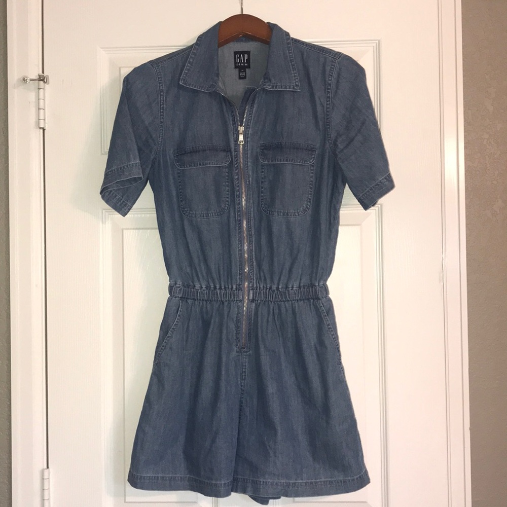 Chambray zip up romper